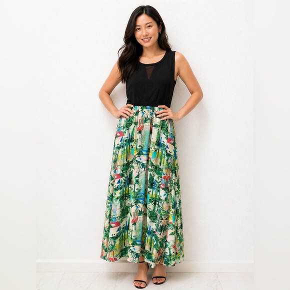 Nicole by Nicole Miller Dresses & Skirts - Nicole by Nicole Miller Black Top Green Tropical Print Maxi Skirt 14